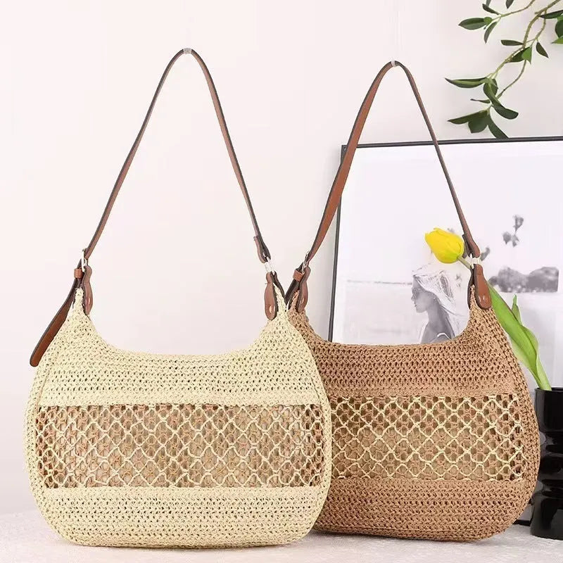 Women's straw cross body bag with sandwich pocket in khaki colour horizontal square shape
