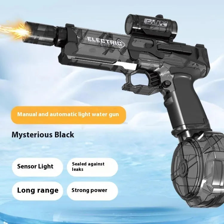 Fire Rat electric water pistol with LED lights in blue, showing automatic water spray feature.