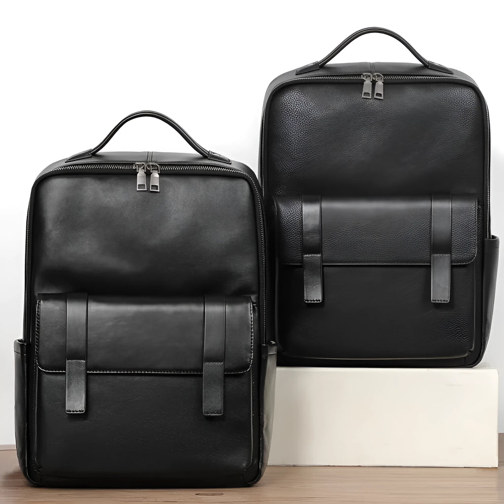Men's black genuine leather computer backpack with 36-55L capacity for business travel