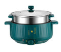 White and green non-stick electric multi-cooker pot with stainless steel body on a kitchen counter.
