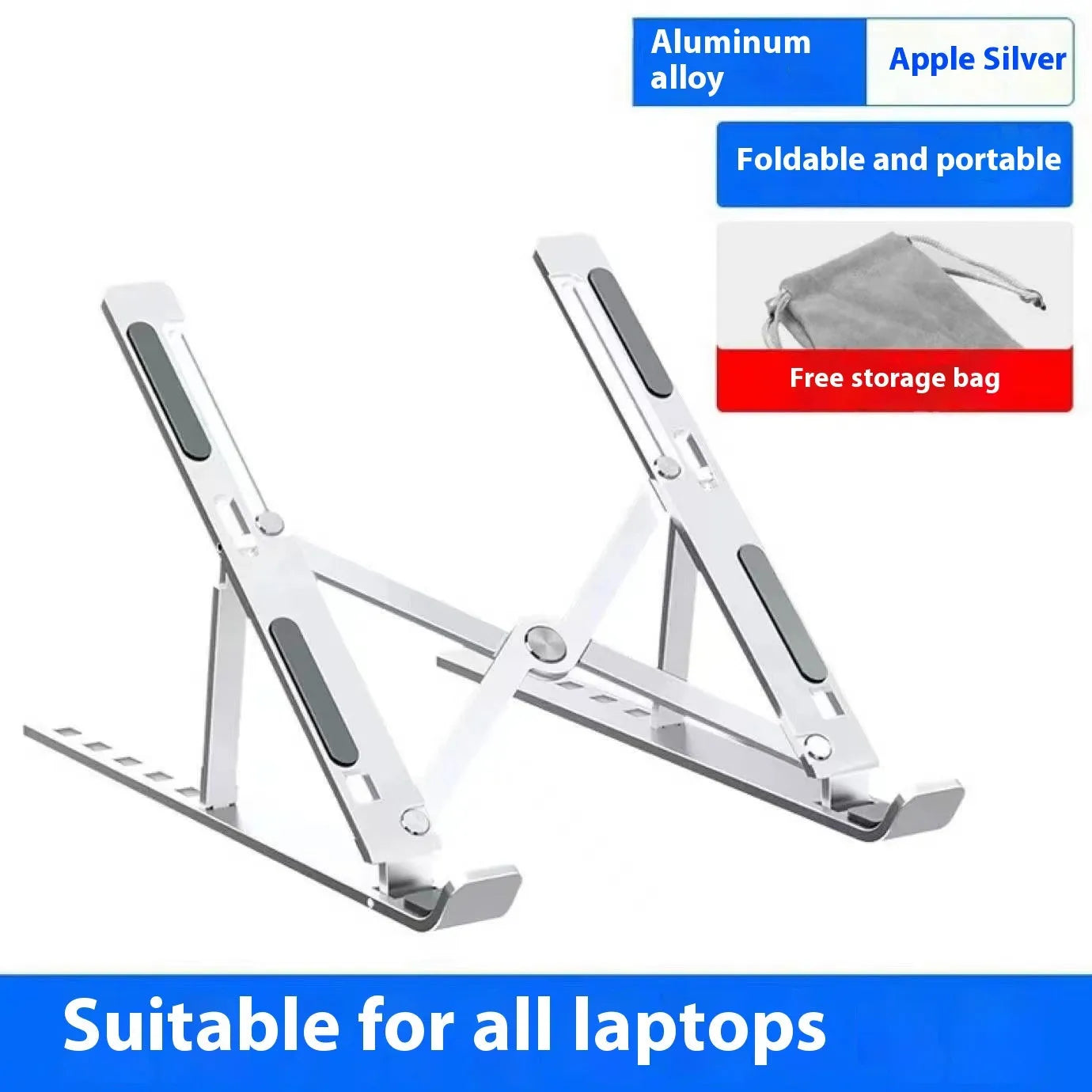 Silver aluminium alloy folding laptop stand with silicone padding for 16-inch or 18-inch devices