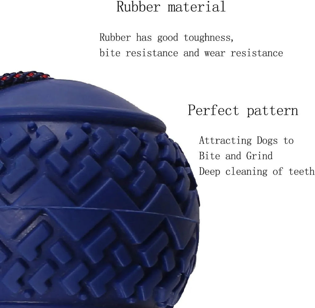 Blue natural rubber dog ball with rope attached measuring 6.5cm diameter