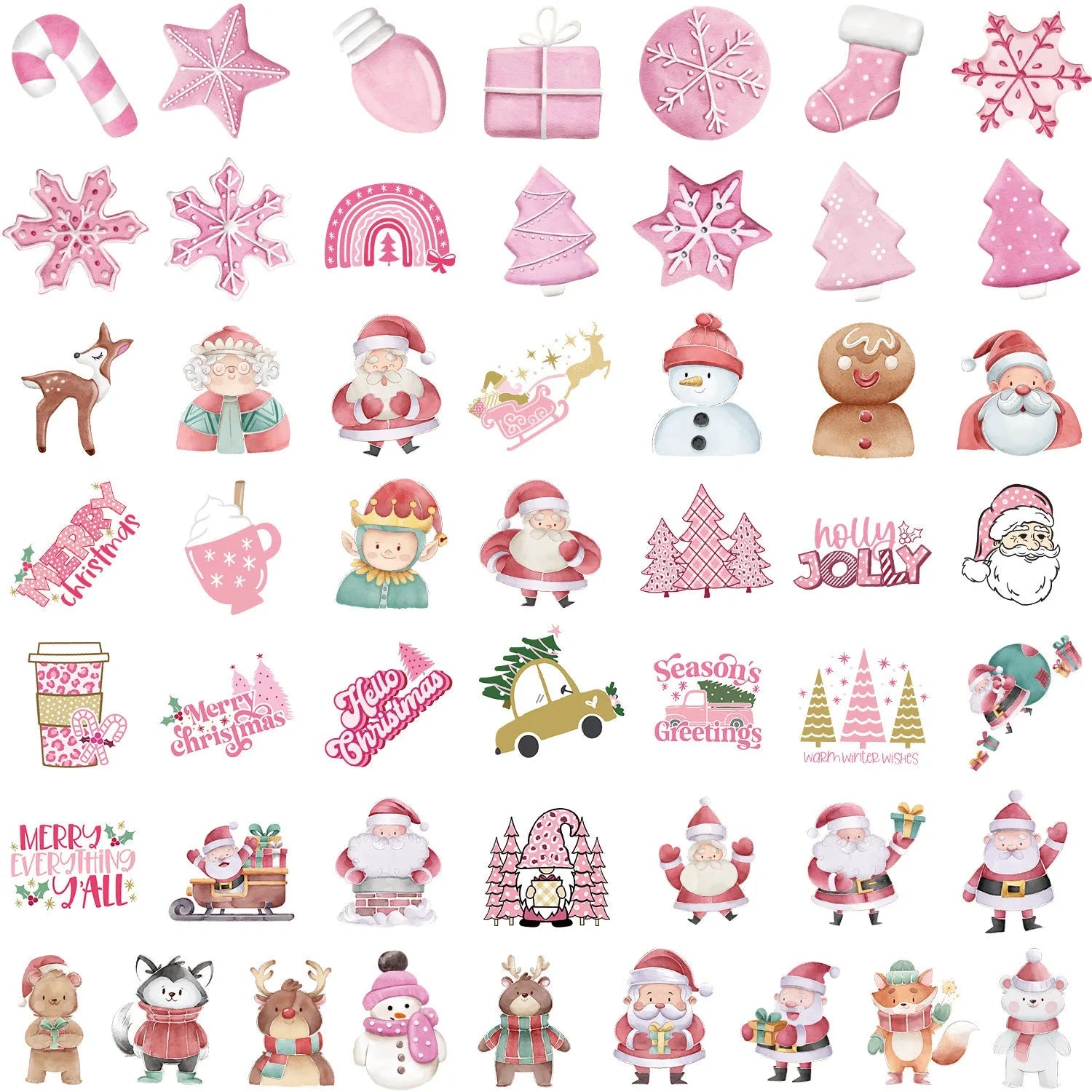 Assortment of 50 cute Christmas themed waterproof stickers ranging from 4cm to 8cm in size on a sheet.