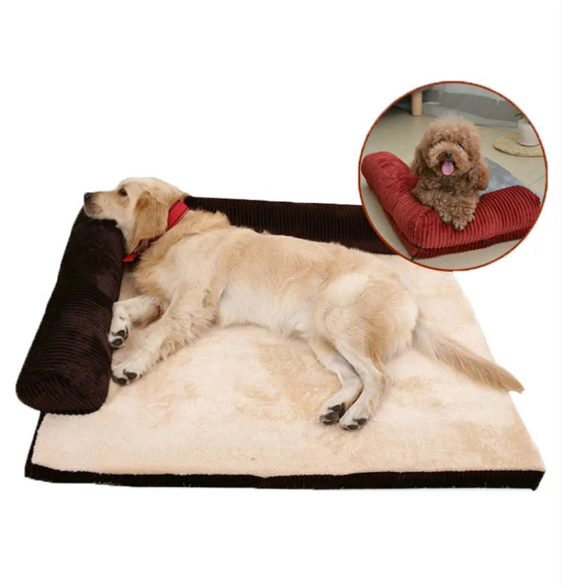 Corduroy pet sofa dog bed in grey, showing removable cover and non-slip base, placed on a hardwood floor.