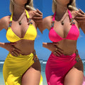 Three-piece swimsuit bikini set with mesh long skirt in light diamond print polyester fabric
