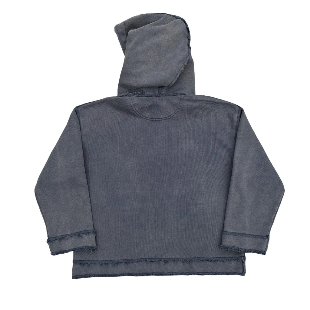 Reverse dark blue hoodie sweater with back-to-front The Sun Also Rises graphic design