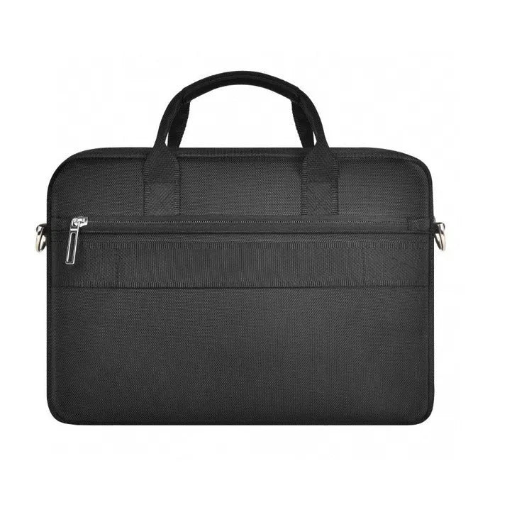 Black Oxford cloth laptop backpack with multiple pockets and a lock, shown in 14-inch and 15.6-inch sizes.