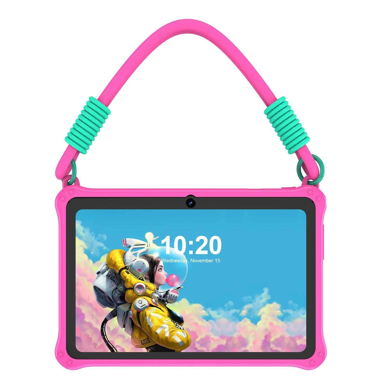 7-inch silicone protective case with flat strap for children's tablets in sapphire blue and dark pink colours