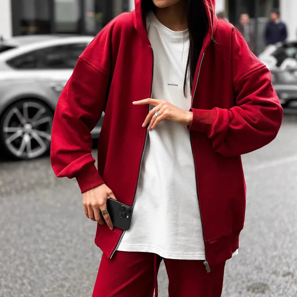 Women's street style long-sleeved coat and trousers two-piece set in solid colour