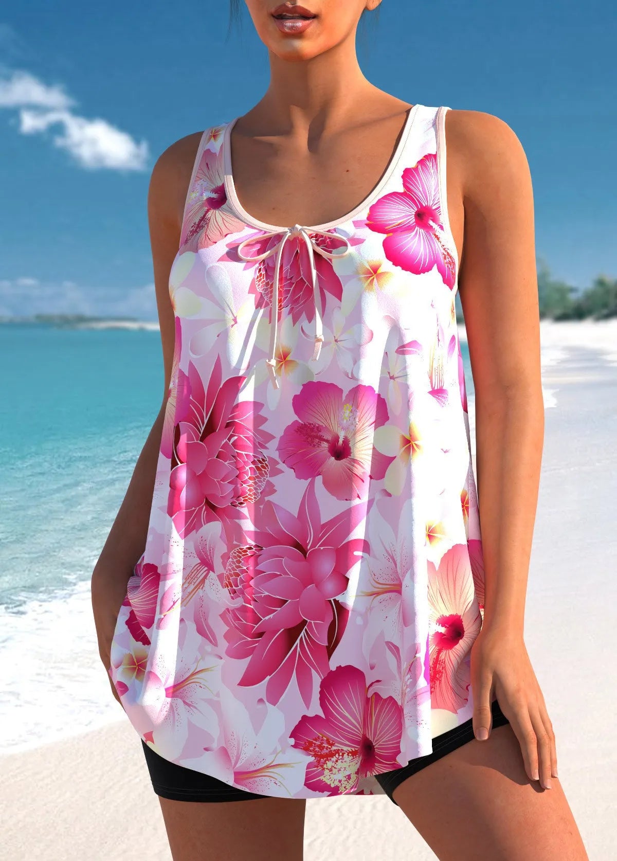 Pink printed plus-size tankini swimsuit with high-waist briefs and tankini top