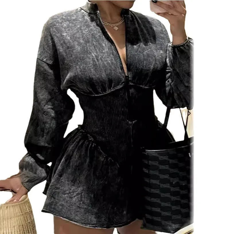 Grey digital printed A-line dress with drawstring waist and long sleeves on a mannequin.