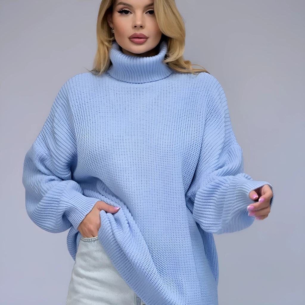 Women's solid colour high neck pullover sweater with 3D pattern in loose free size.