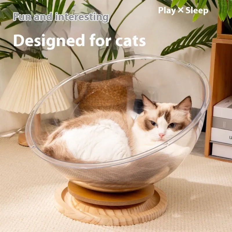 Transparent acrylic cat space capsule bed with turntable base shown in multiple size options