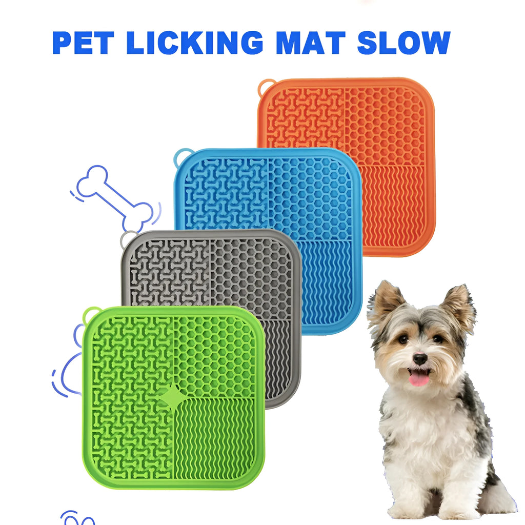 Blue silicone dog licking mat with suction cups on back, textured surface for slow feeding