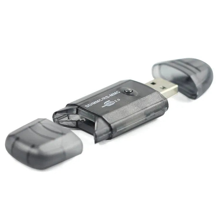 Transparent USB card reader with LED light showing internal components and memory card slots