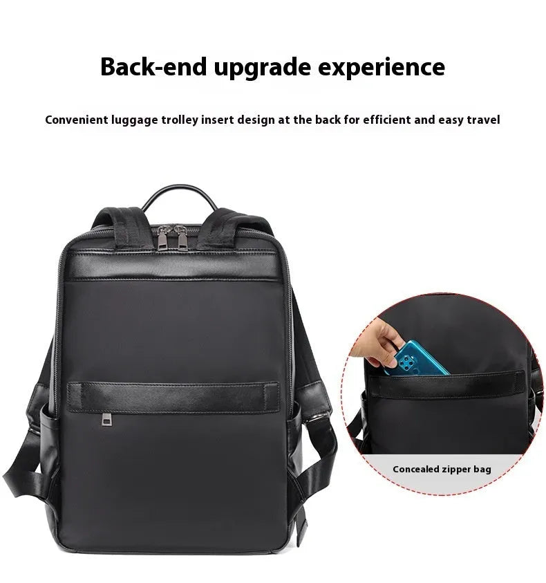 Men's black genuine leather computer backpack with 36-55L capacity for business travel