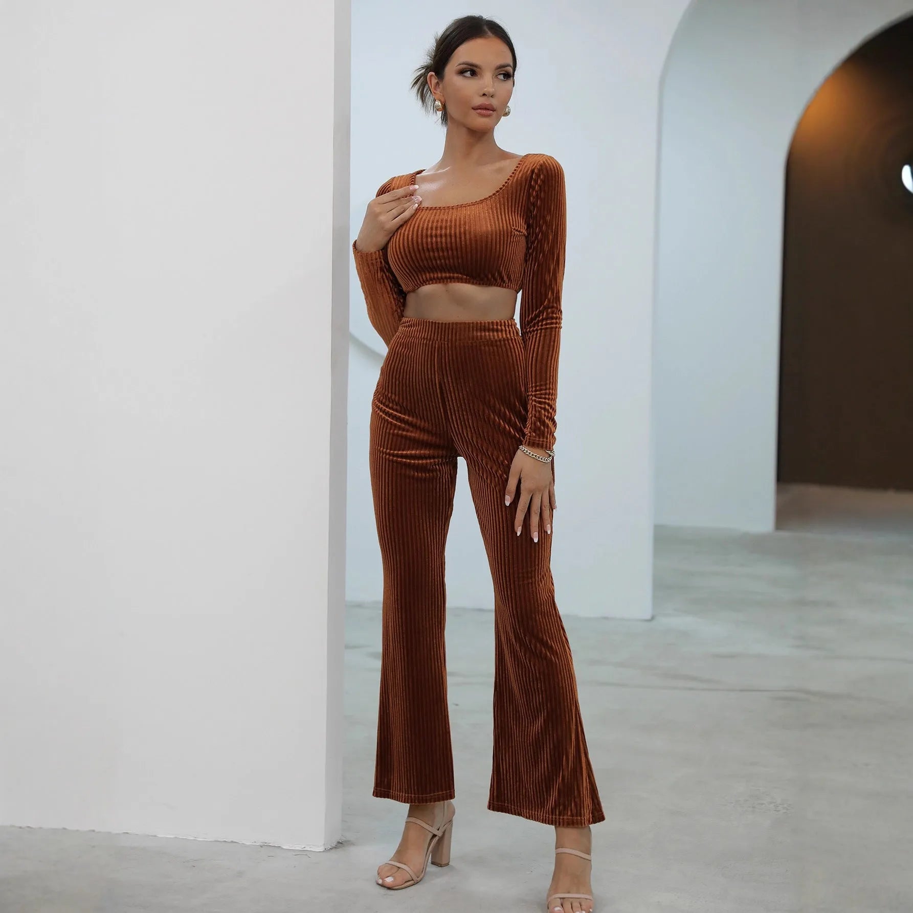 Caramel coloured long sleeve sweater set with matching top and trousers