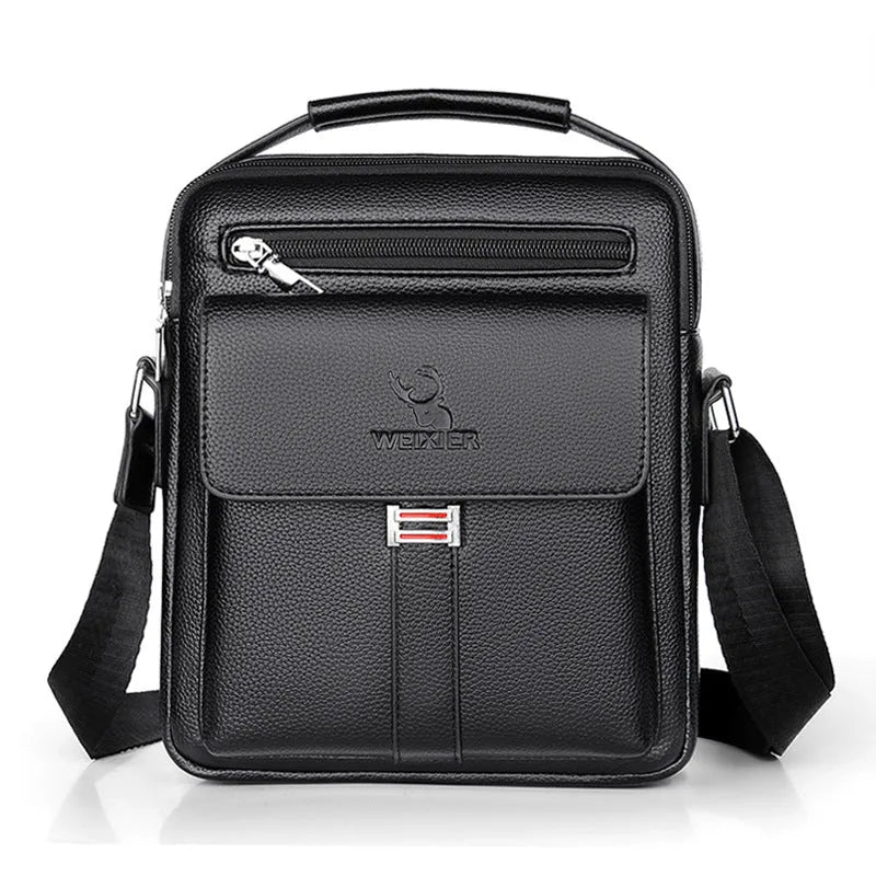 Men’s PU leather crossbody shoulder bag in solid colour with visible sewing line, waterproof for business travel