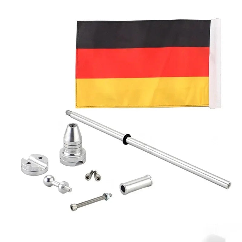 Motorcycle luggage rack flagpole in black and silver options for side box mounting