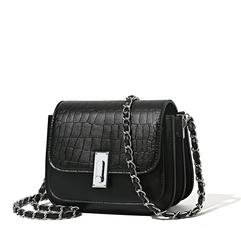 Soft PU women's chain shoulder bag in horizontal square design with sandwich pockets
