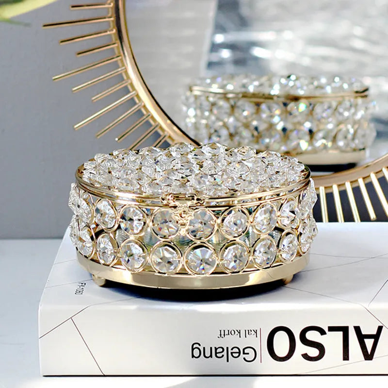 Crystal glass transparent jewellery storage box with French gold metal frame and European-style design