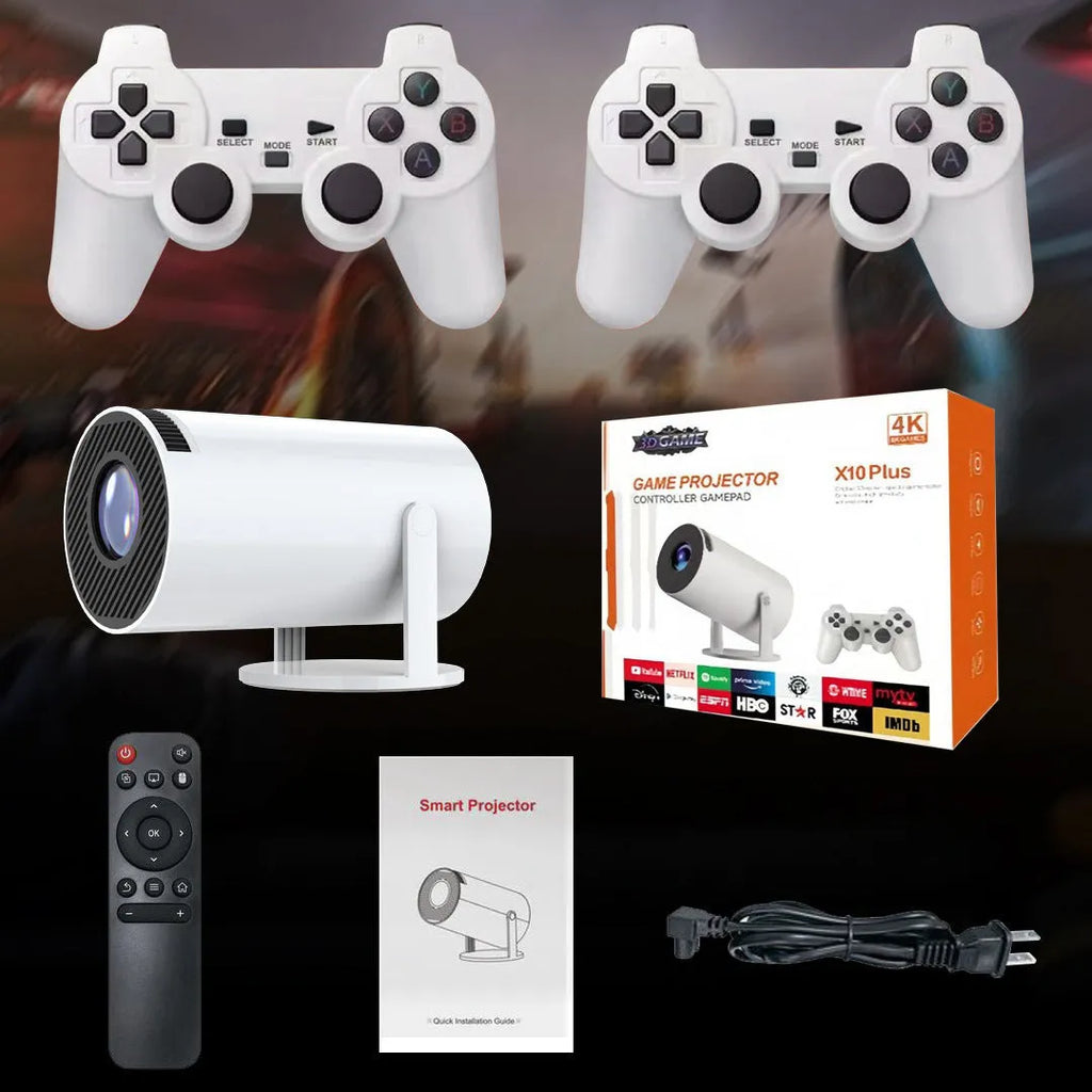 White Barrel X10 PLUS portable HD projector with wireless gamepad and remote control on table