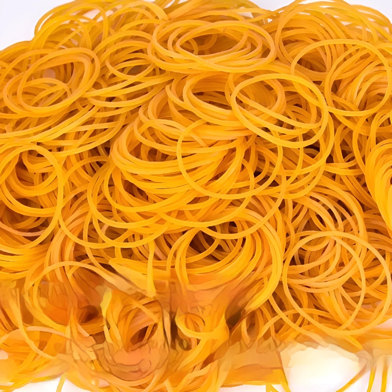 Yellow rubber bands in various sizes from a 500g mixed diameter pack