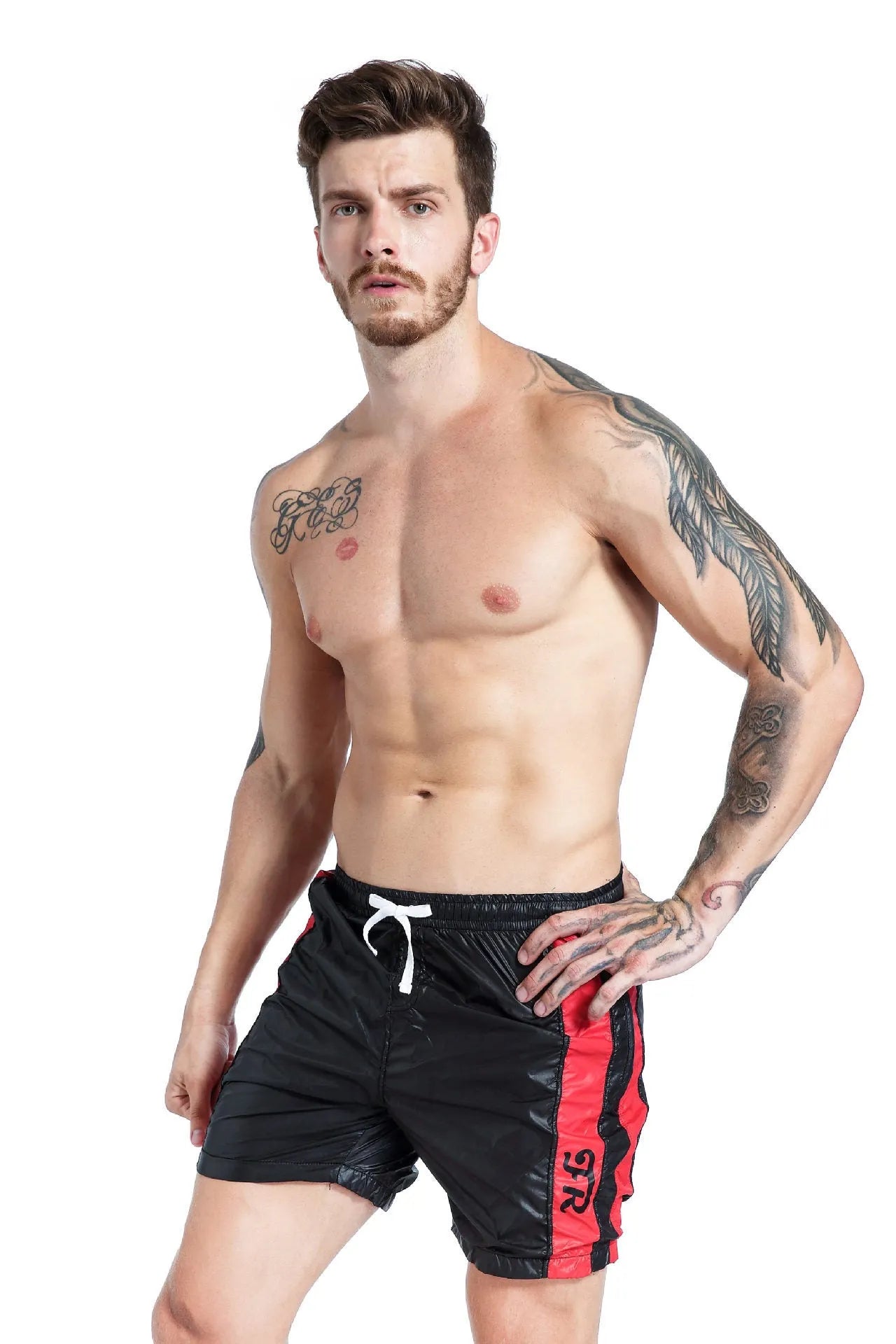 Men's blue lace-up sports shorts with slim fit and polyester stretch fabric