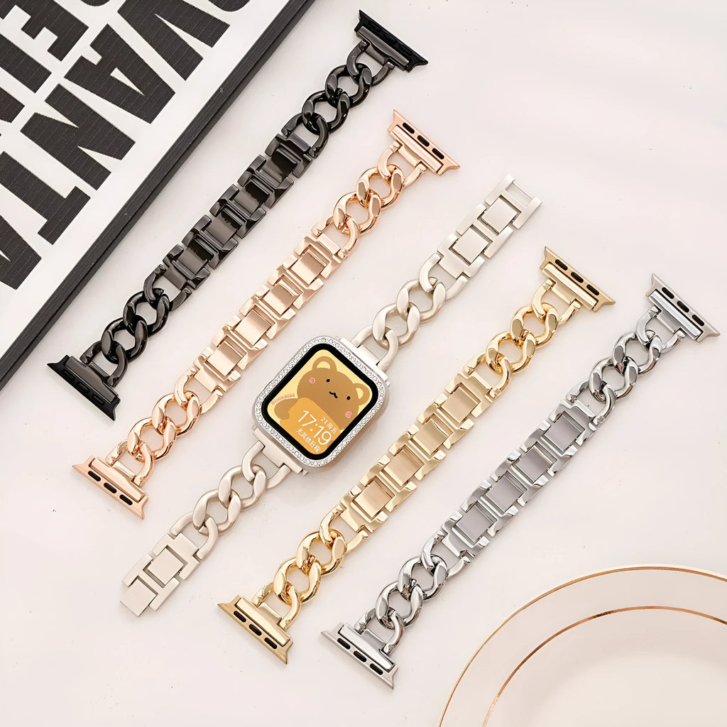 Denim chain design metal Apple Watch strap in multiple colour options showing lug connection