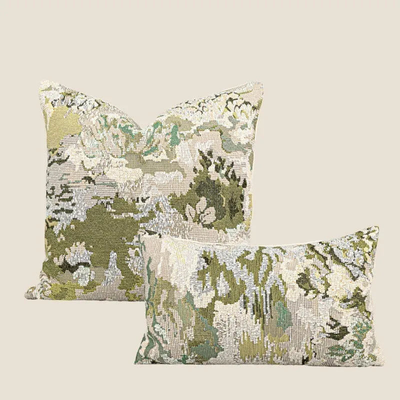 Green wool blend cushion with abstract French antique spring flower pattern, shown in square and rectangular sizes.