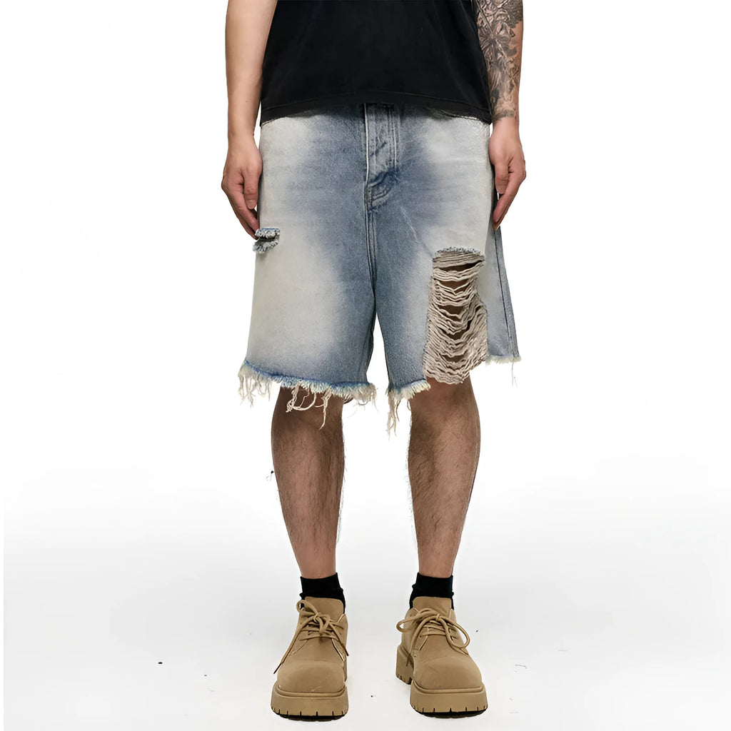 Light blue washed denim shorts for men with a baggy wide-leg vintage cut.