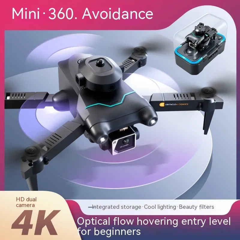 Black quadcopter drone with obstacle avoidance sensors and dual camera configuration for aerial photography