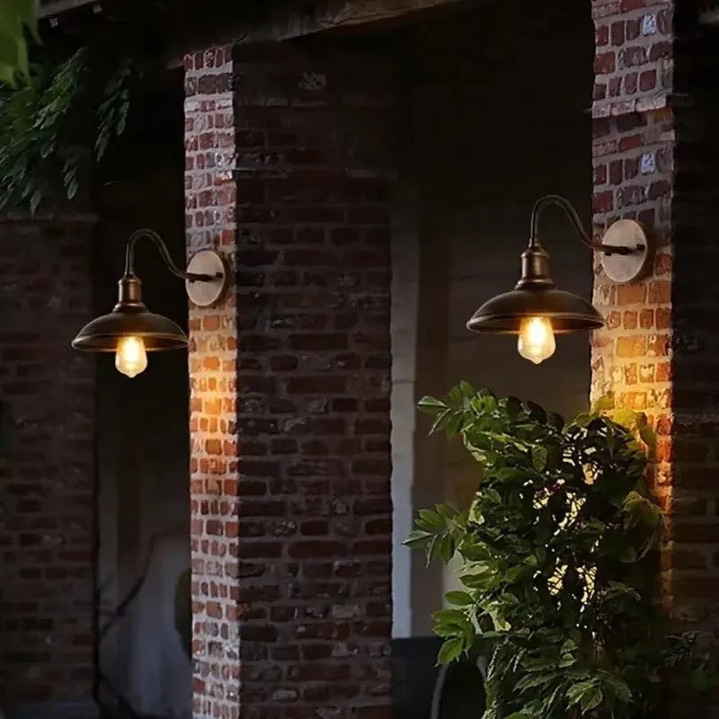 Retro style villa courtyard wall lamp in copper or silver finish with right angle or bevel mounting options.