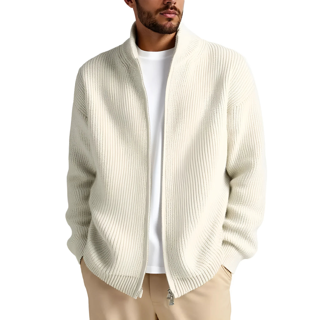 Men's loose fit cardigan sweater in grey, showing front button detail.