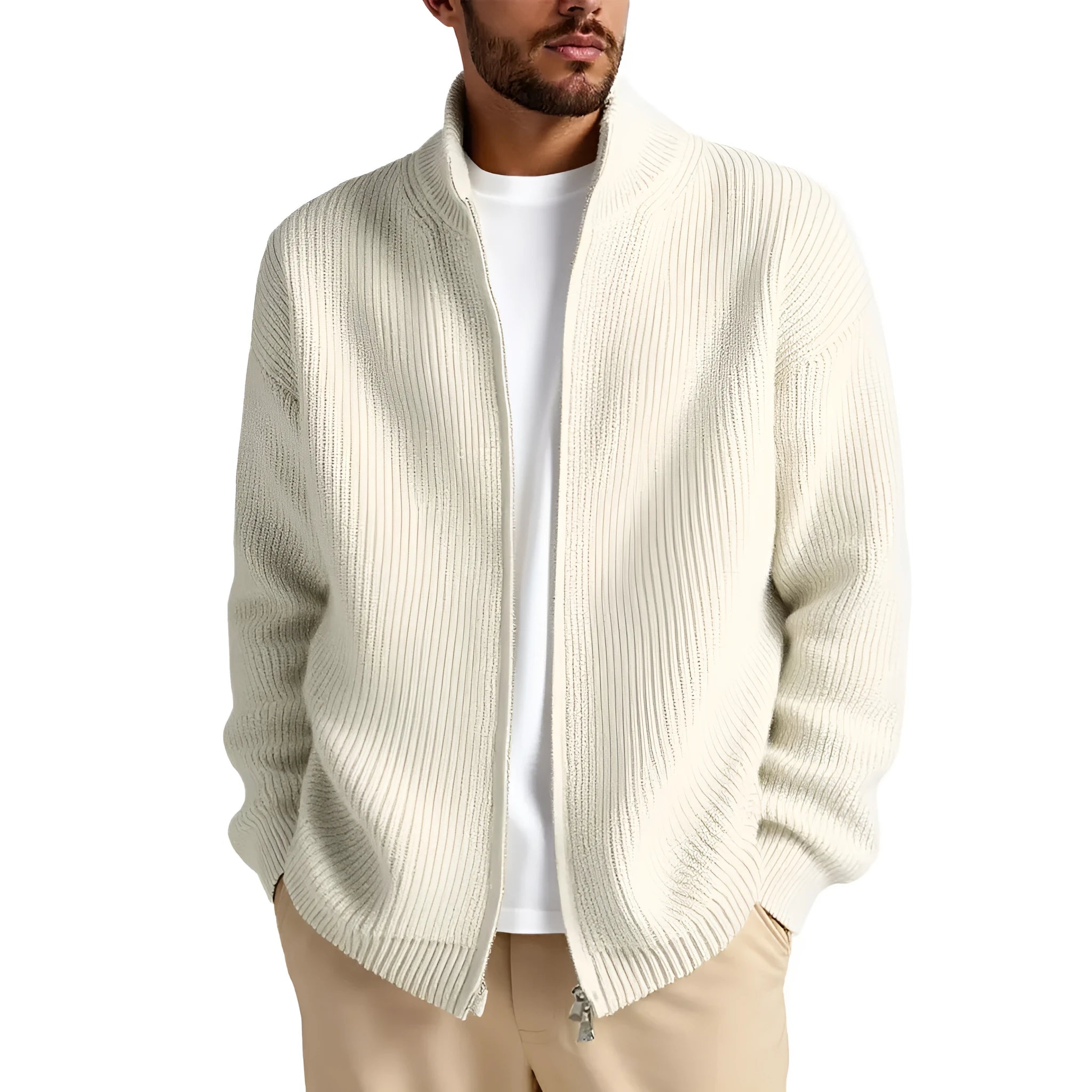 Men's loose fit cardigan sweater in grey, showing front button detail.
