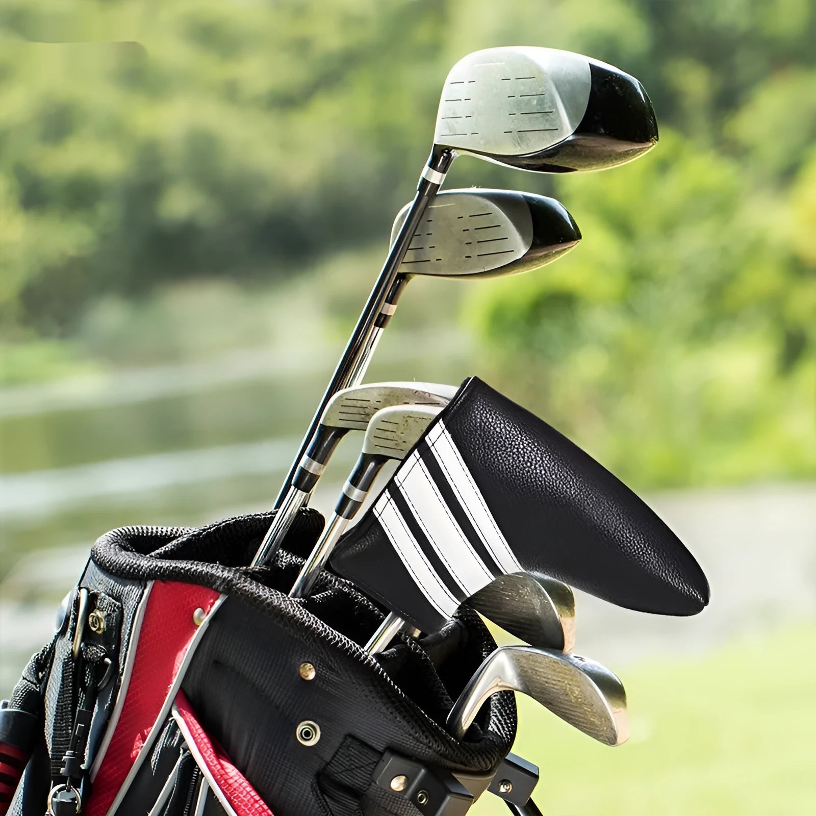 Black PU leather golf club head cover sleeve for protecting a single club shaft and head.