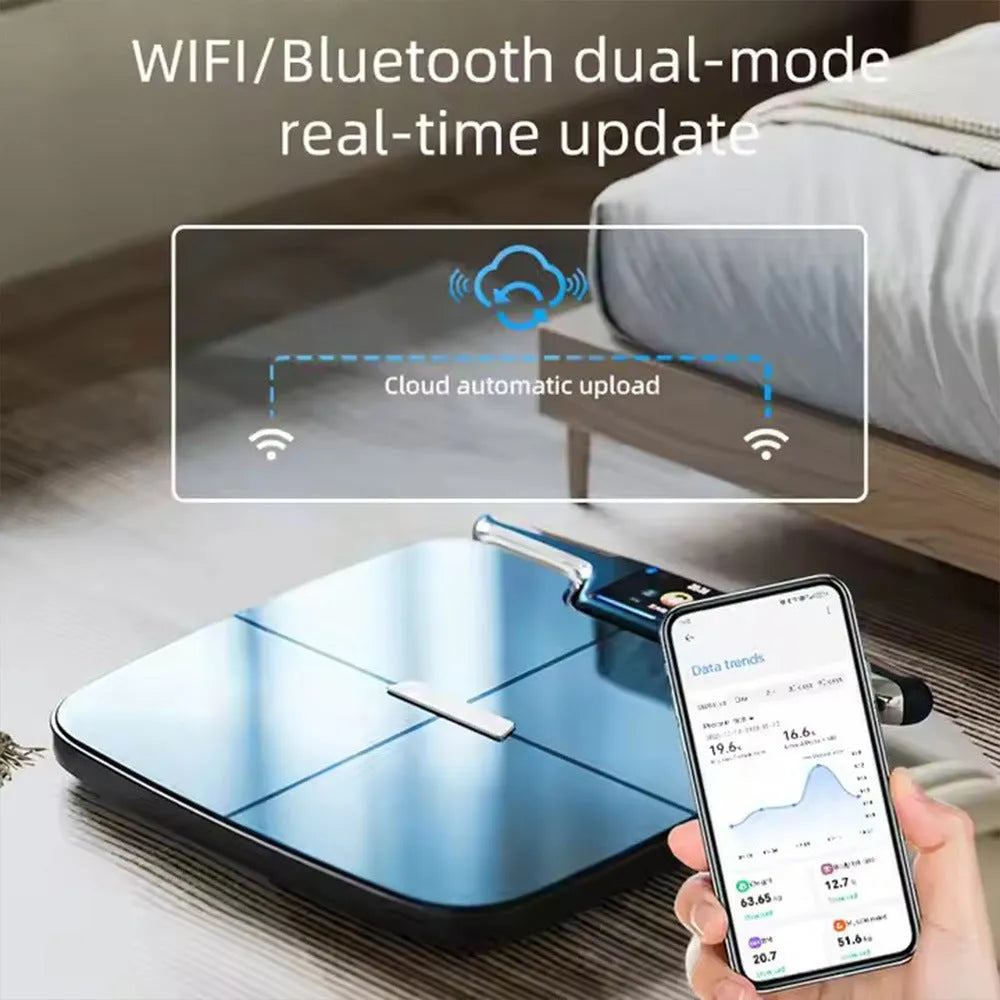 Black eight-electrode intelligent body fat and weight scale for home use.