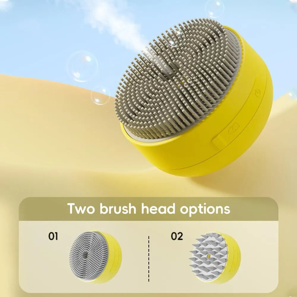 Green and yellow rechargeable silicone steam brush for grooming cats and dogs.