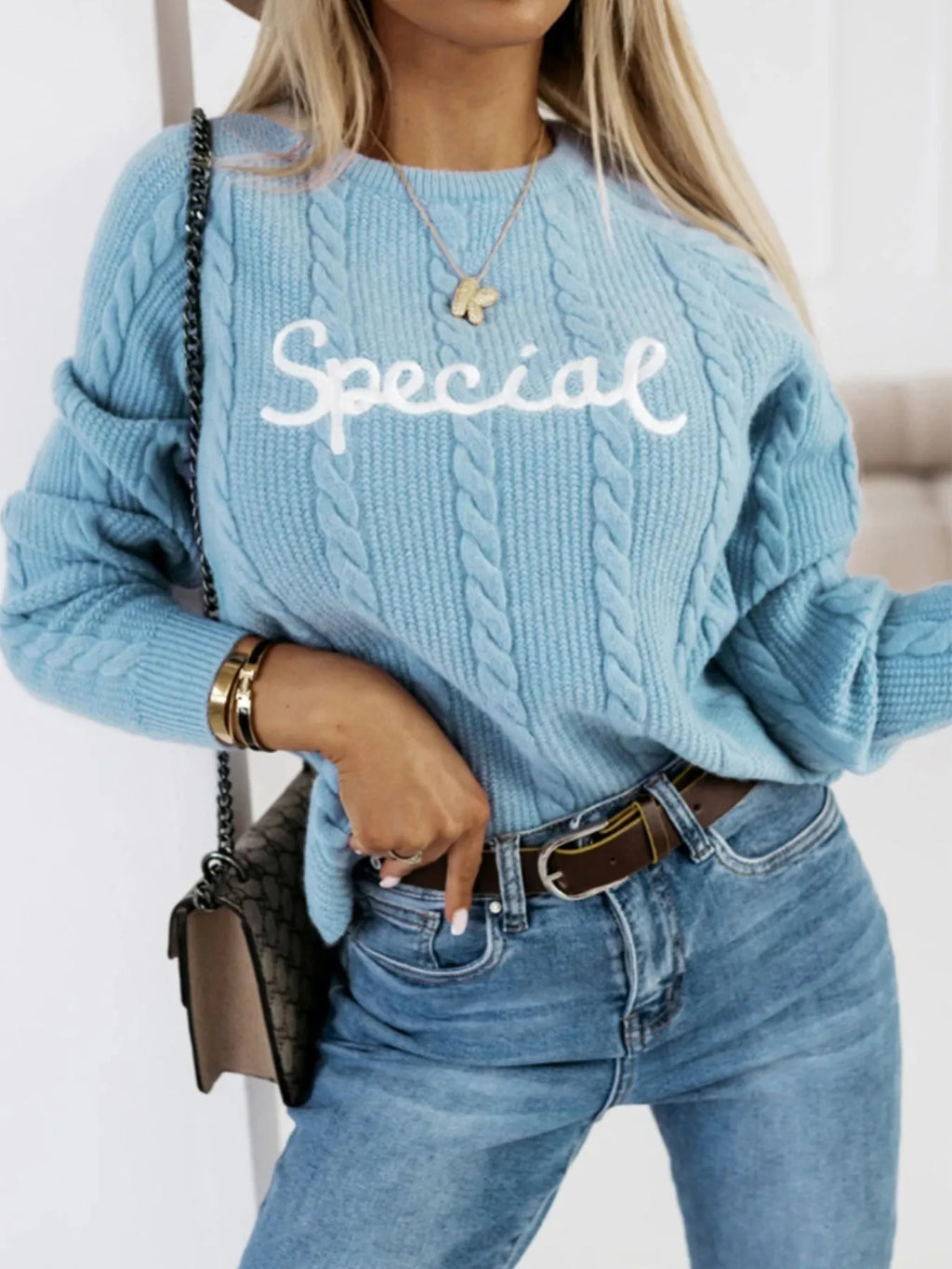 Blue leisure pullover sweater with embroidered letters pattern, crew neck, street fashion style