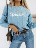 Blue leisure pullover sweater with embroidered letters pattern, crew neck, street fashion style