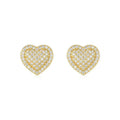 Golden heart-shaped stud earrings with moissanite stones on silver posts