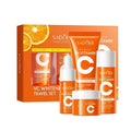 Five Vitamin C whitening travel bag with facial cleanser and moisturiser in a portable skincare set.