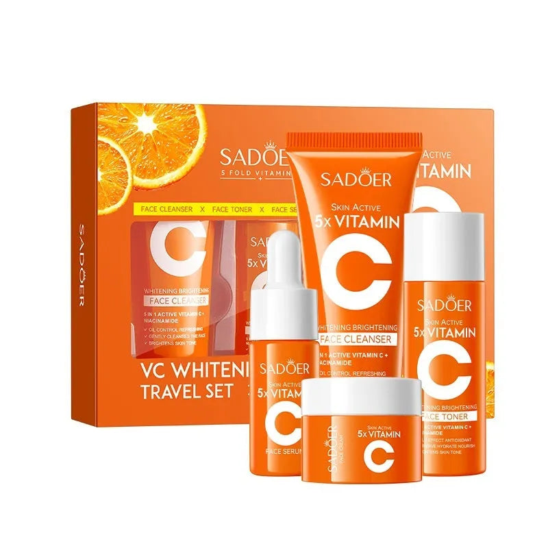 Five Vitamin C whitening travel bag with facial cleanser and moisturiser in a portable skincare set.