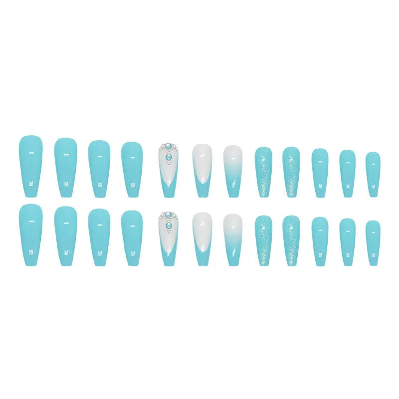 Long ballet shape press-on nails with smart blue diamond glitter pattern and glue
