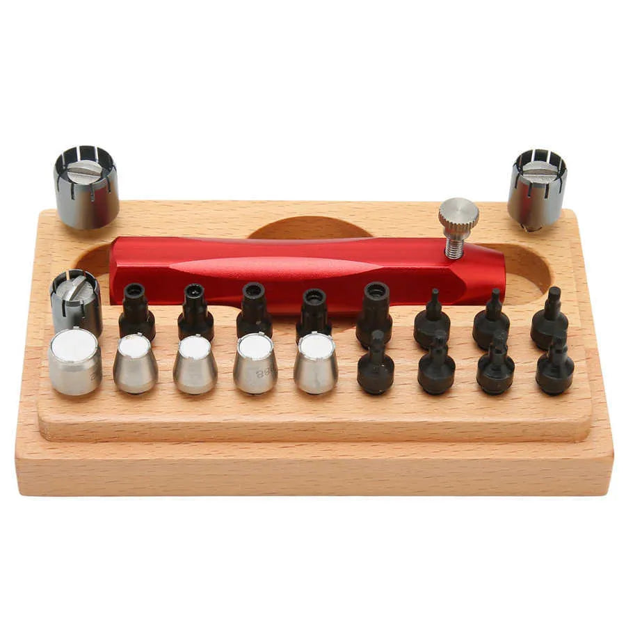 Steel watch repair tool kit with extracting tubes and barrel-opening tools measuring 128x79x43mm