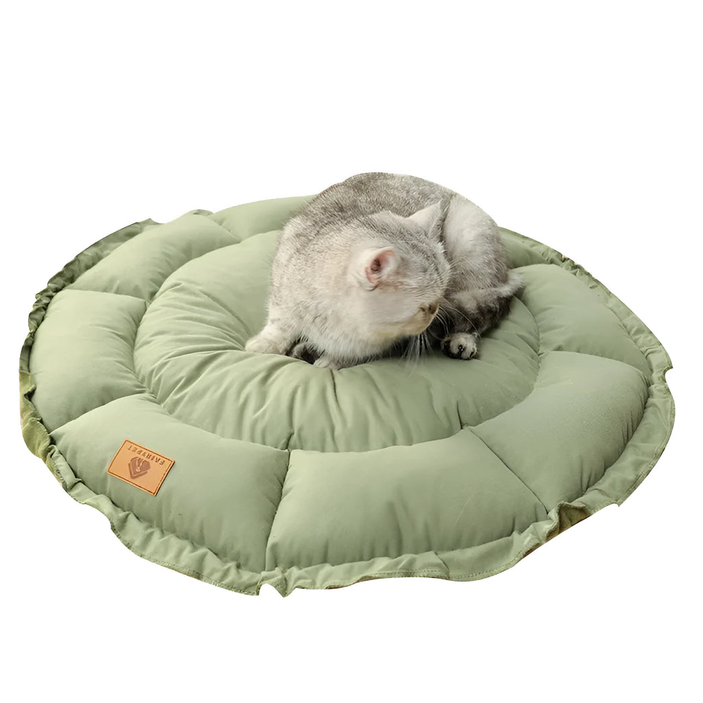 Grey and green reversible donut-shaped pet bed for cats and puppies, shown in small, medium, and large sizes.