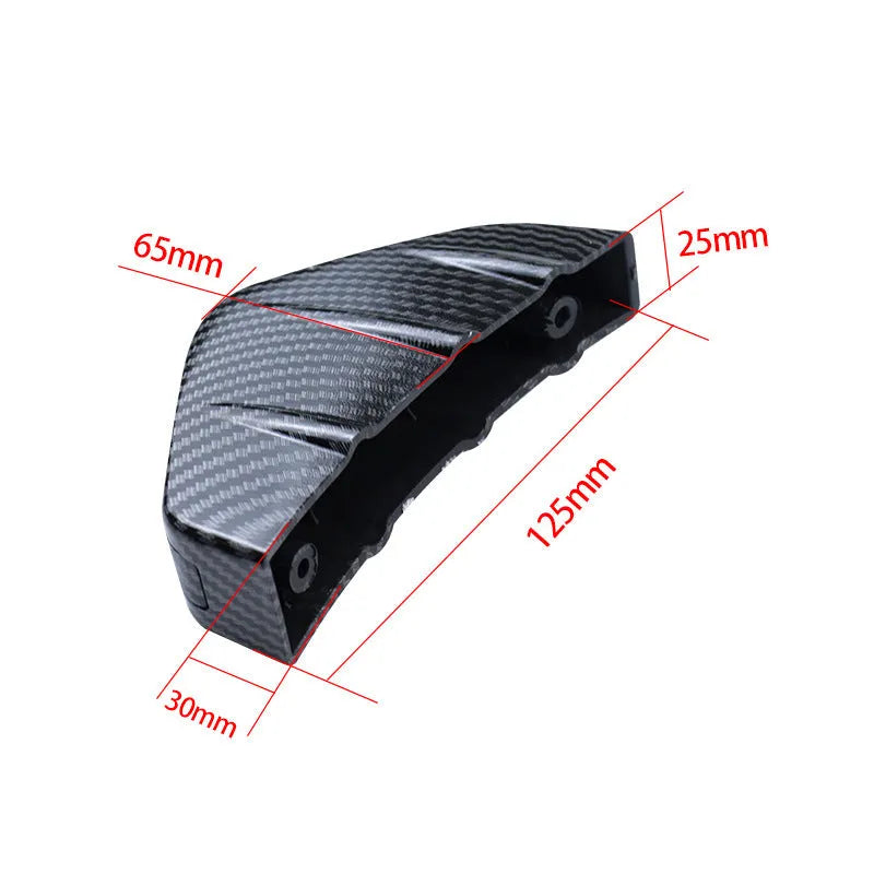Black carbon fibre triangular rear spoiler for automotive chassis with 15cm foot dimension