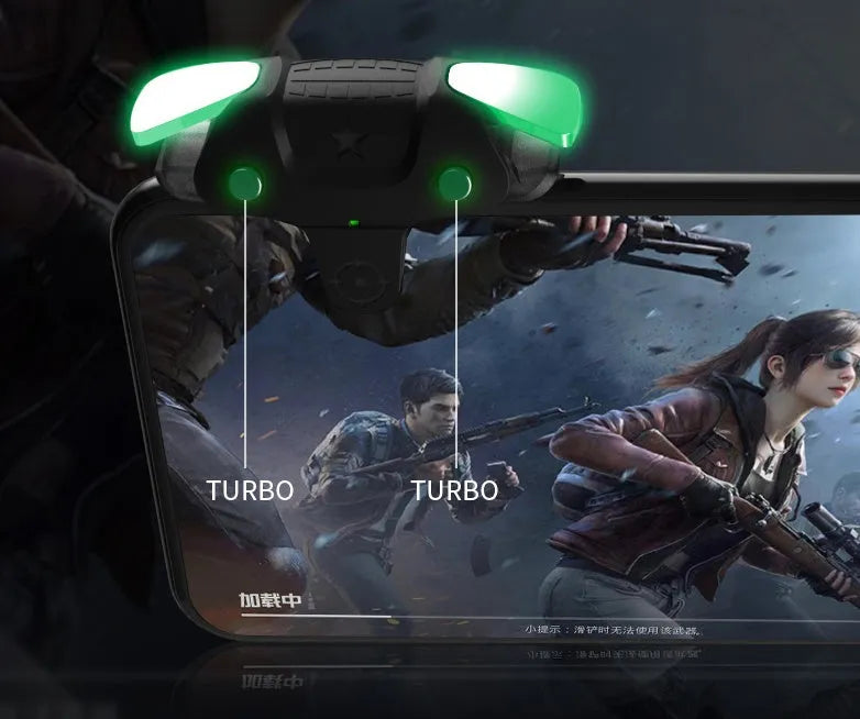 Black F5 mobile phone game controller showing joystick and buttons.