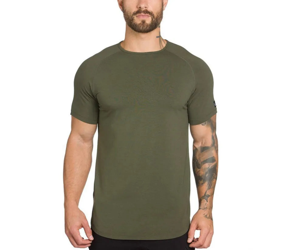 Plain men's gym shirt in a cotton and spandex blend shown in multiple colour options.