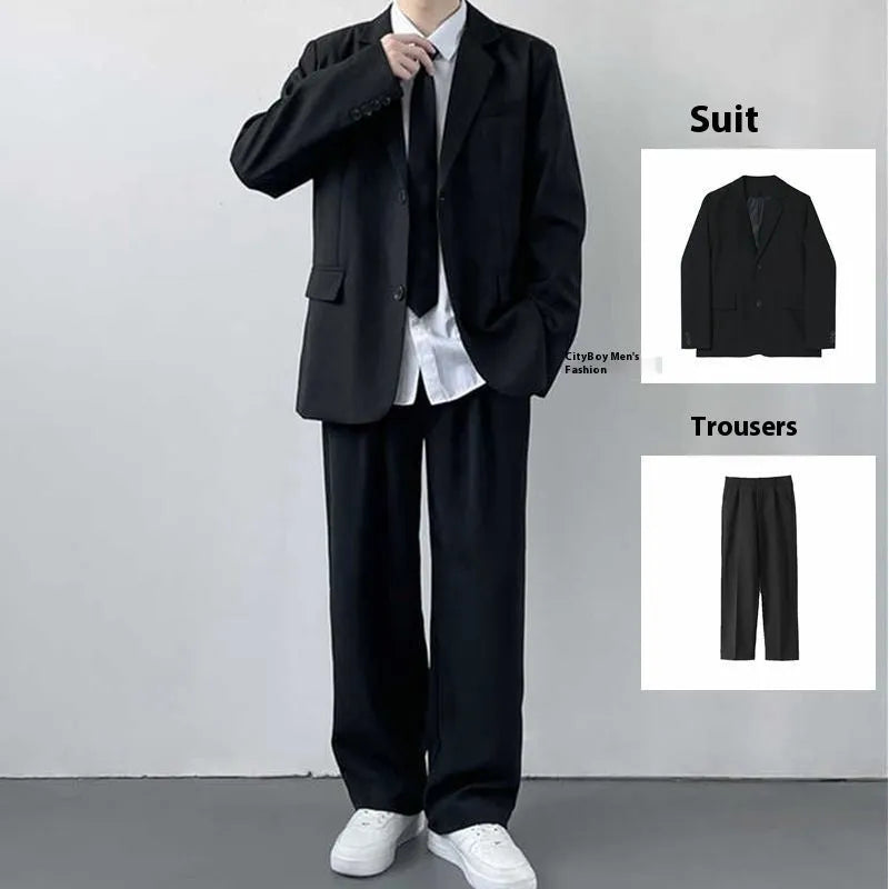 Men's plus size polyester suit set with white shirt and tie in college style for formal occasions